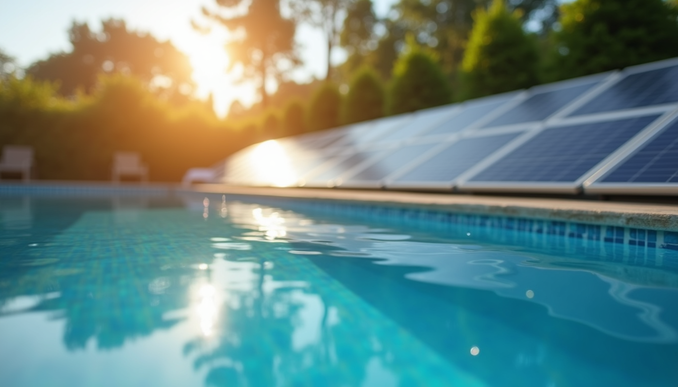Solar panels powering a swimming pool heating system