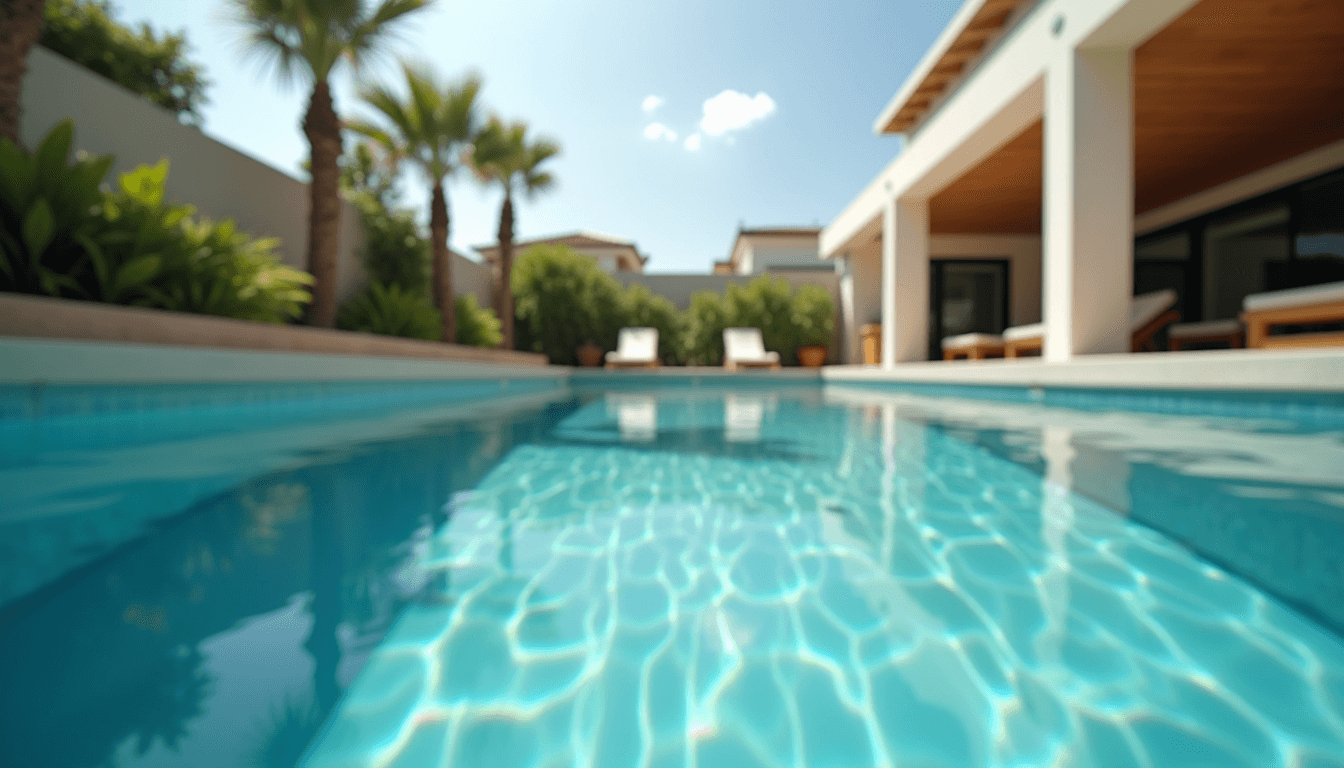 Modern backyard pool with clear water