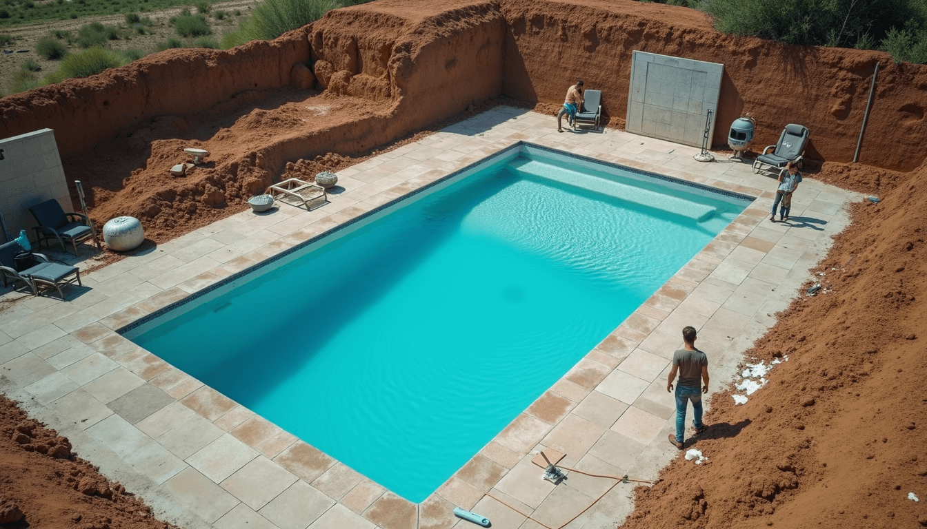 Pool construction site with workers and equipment