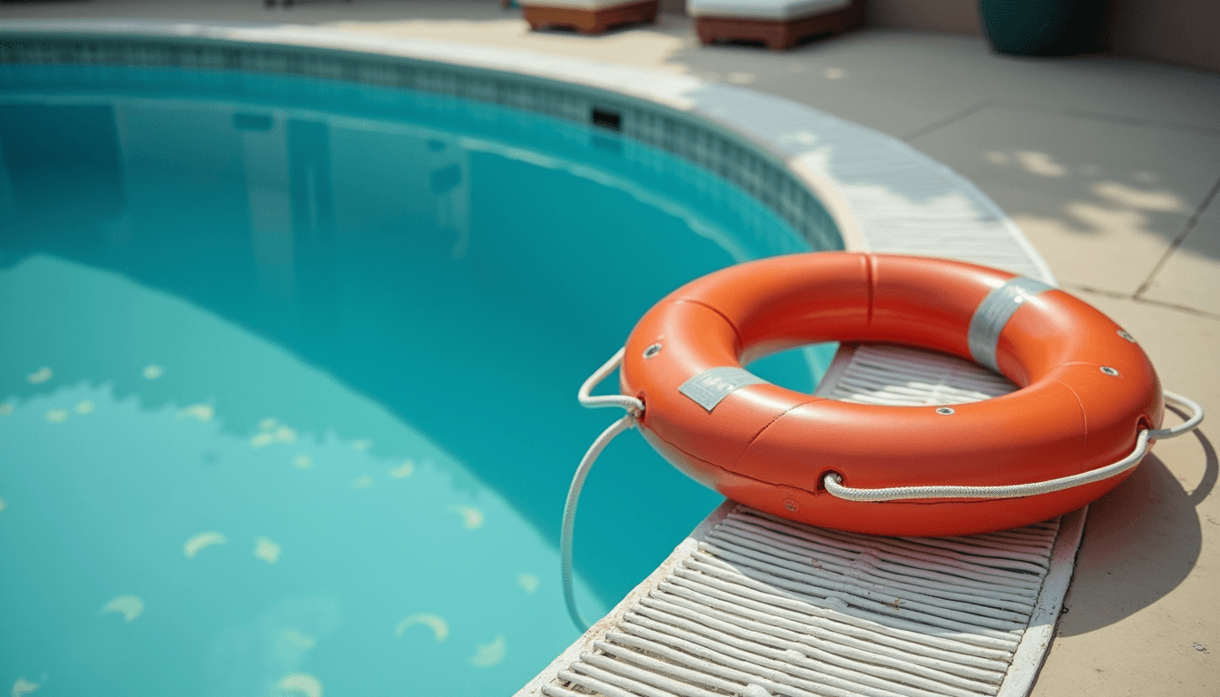 Poolside with safety equipment and life ring