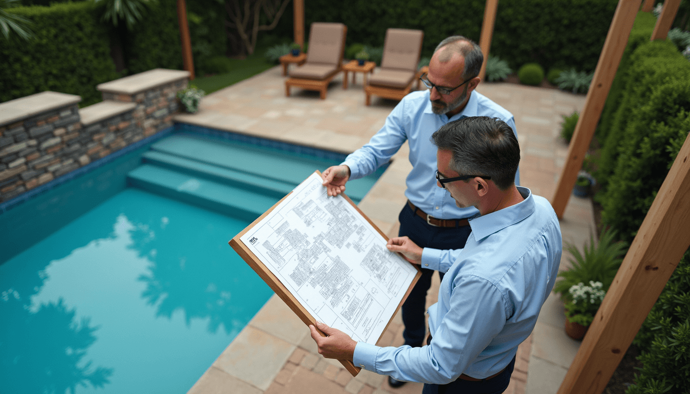 Pool consultant discussing plans with homeowner