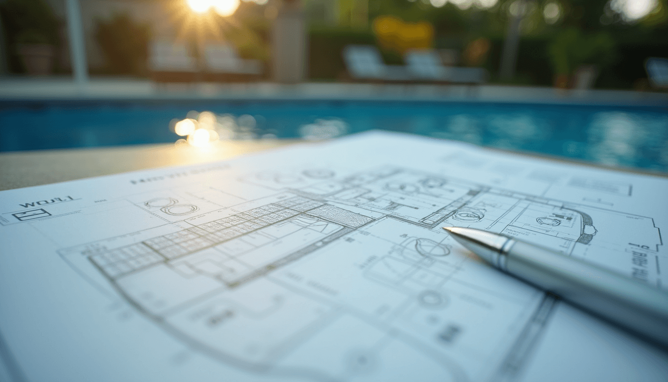 Pool design blueprints on a table