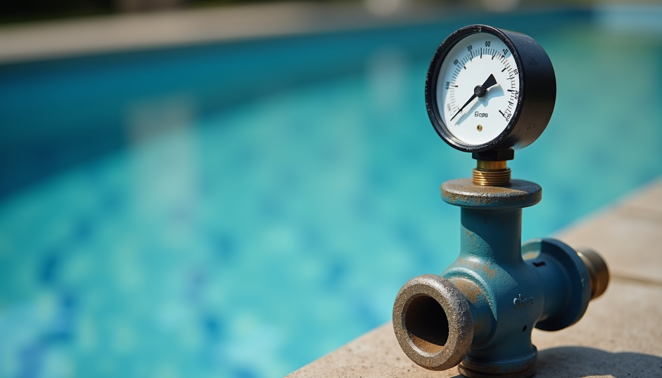 Sand pool filter valve and pressure gauge close-up