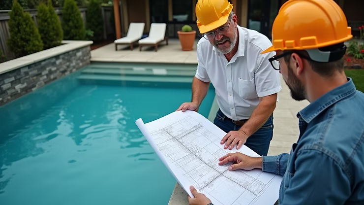 Contractor and homeowner reviewing pool design plans